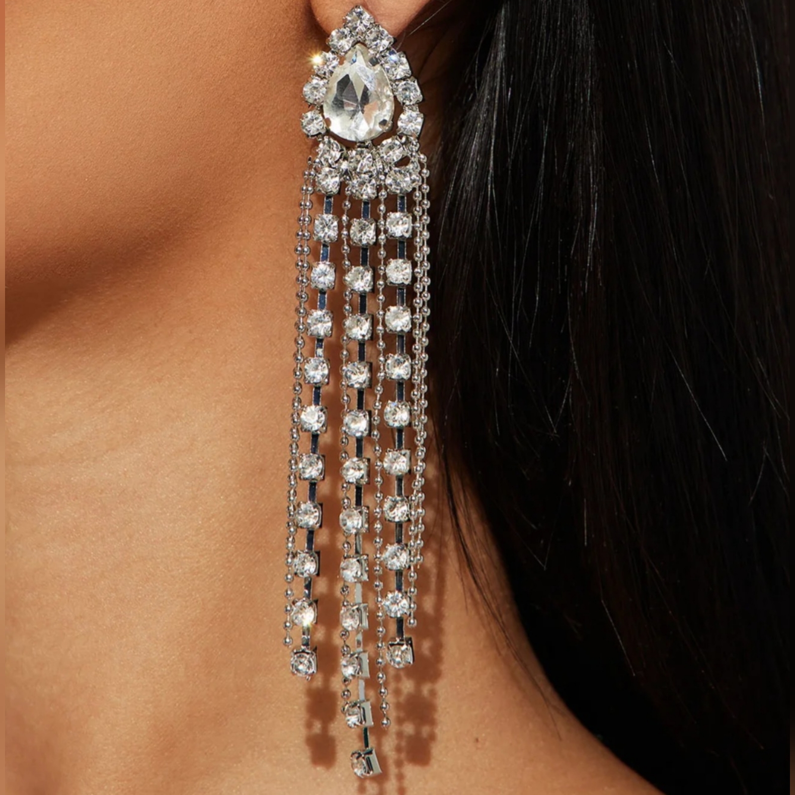 * Fashion Nova Women's Too Much Glam Drop Silver Rhinestones Earrings Silver